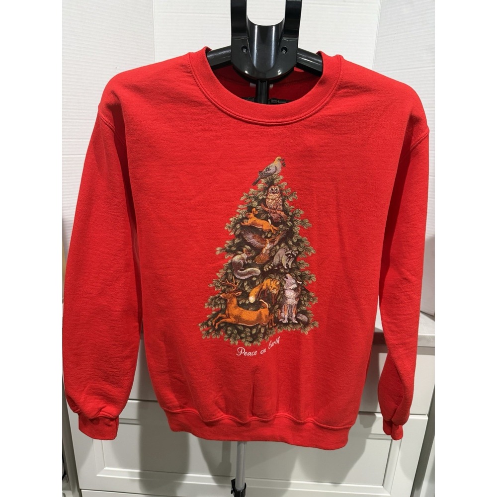 Vintage Red Crewneck Sweatshirt S Woodland Animals Christmas Tree Peace On Earth